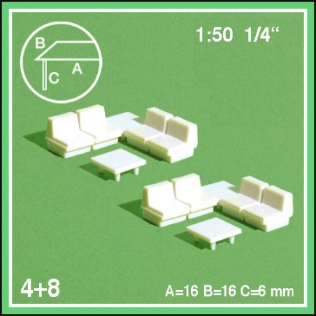 8 Sessel und 4 Tische niedrig Massstab 1:50