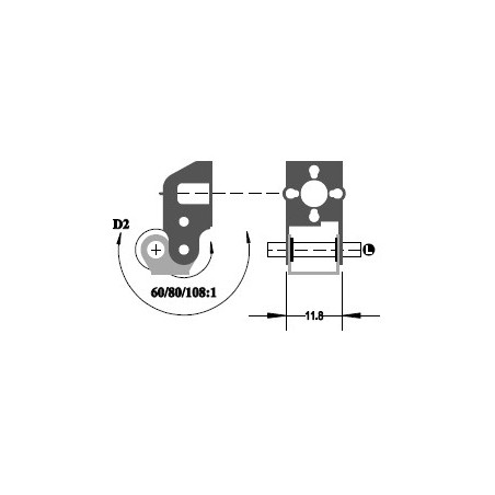 Réducteur à 2 étages de réduction. Réduction 108:1, Axe moteur 1,5 mm, Axe de sortie 1/8"