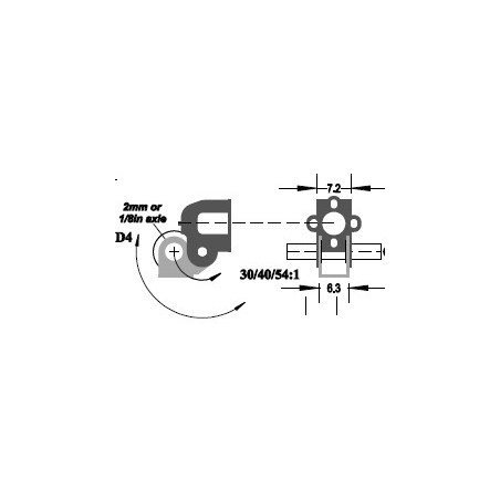 Réducteur à 2 étages de réduction. Réduction 30:1, Axe moteur 2 mm, Axe de sortie 1/8"