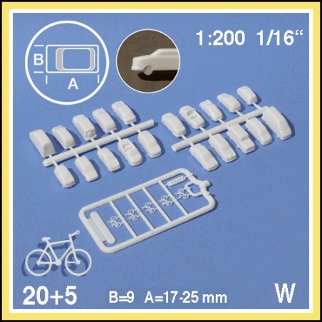 Voitures et bicyclettes divers 1:200. 20+5 véchicules